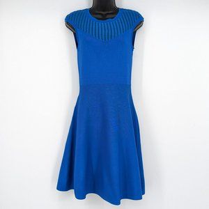 French Connection Fit Flare Sheath Dress 8 Rose Blue Cap Sleeve Stretchy Knit
